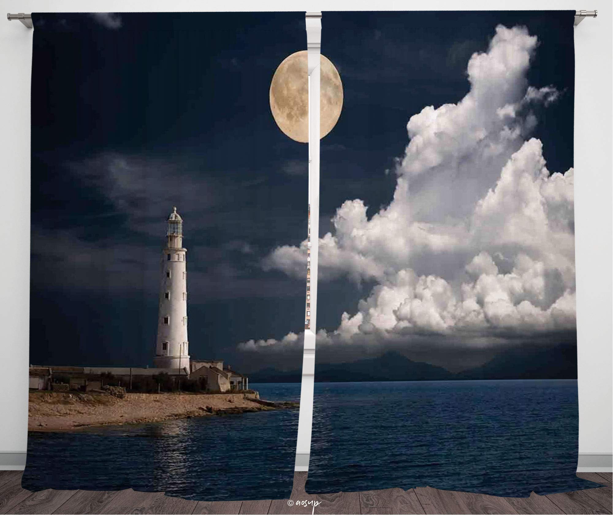 №28547 Blackout Curtains For Bedroom, Thermal Insulated Energy Saving Blackout Curtains / Lighthouse Decor,Lighthouse At Moonlight Island Isle Large Clouds Sea Seaside Waterfront Night Time Bay,Multi