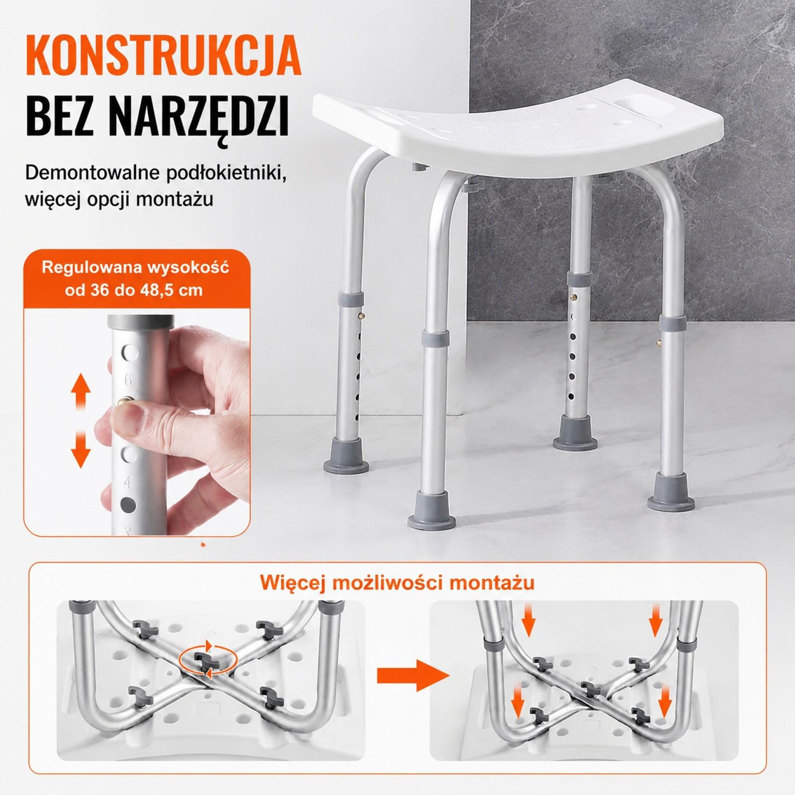 Taboret prysznicowy z regulacją wysokości, białe wygięte siedzisko PE i rama ze stopu aluminium do łazienki oraz wanny