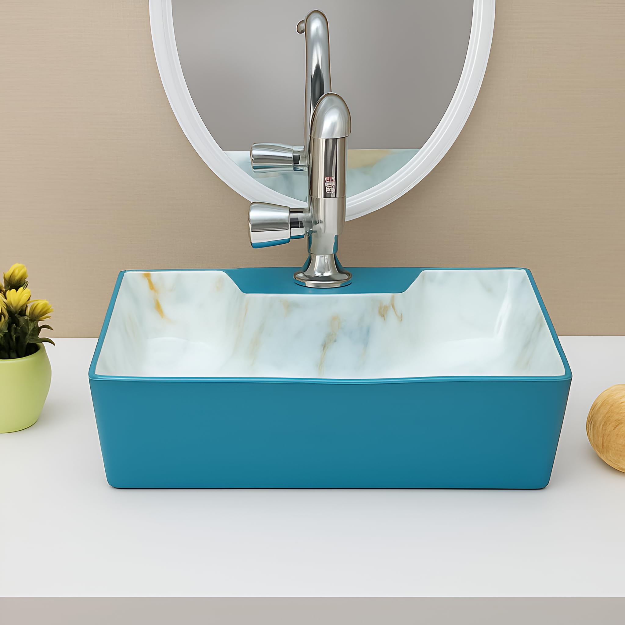 SEA SHORE Premium Ceramic Table Top Wash Basin β Slim Rim Vessel Sink for Bathroom/Living Room (20 x 15 x 5.5 Inch, Cyan & White) 1