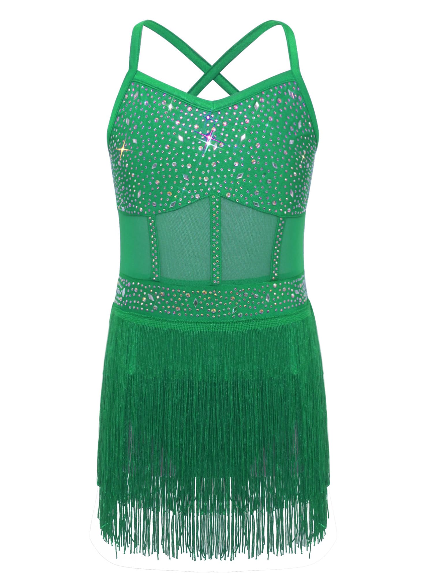 inhzoy Vestito da Ballo Bambina Latino Americano Tango con Nappe Strass Abito da Pattinaggio Artistico con Frange Body Ginnastica Artistica Costume Danza Samba Rubma Salsa