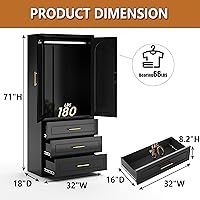 Vista 3 de Armario de metal de 71 pulgadas de alto con tres cajones, armario grande con barra para colgar, armario de almacenamiento de ropa con puertas y Negro