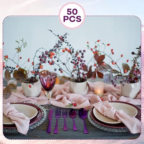 Miniatura 7 de Juego de cubiertos morados de 50 piezas para 10 cubiertos de acero inoxidable, juego de cubiertos de metal, incluye cuchillos, tenedores, cucharas