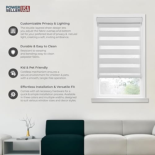 Miniatura 3 de PowerSellerUSA Persiana enrollable sin cordón, de doble capa, con diseño de cebra, con control de luz y de privacidad, 36 x 72 pulgadas, color gris