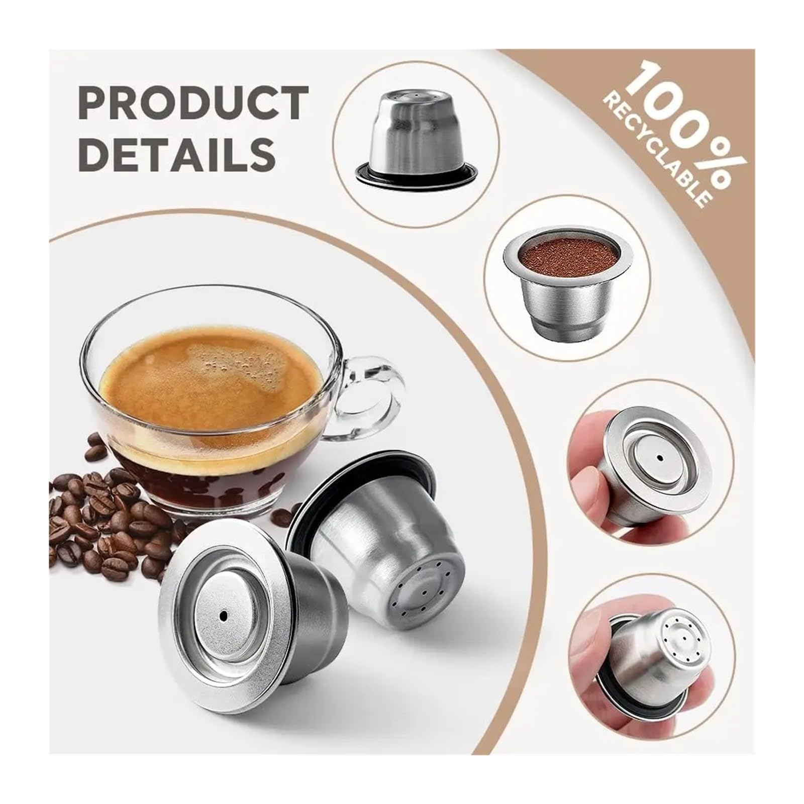 Cápsulas De Café Reutilizables Compatibles Con Nespresso, Tazas De Café Espresso Crema, Cápsulas De Café Rellenables De Acero Inoxidable, Filtros Con Anillo Dosificador Y Prensador.(2 pod t ds)