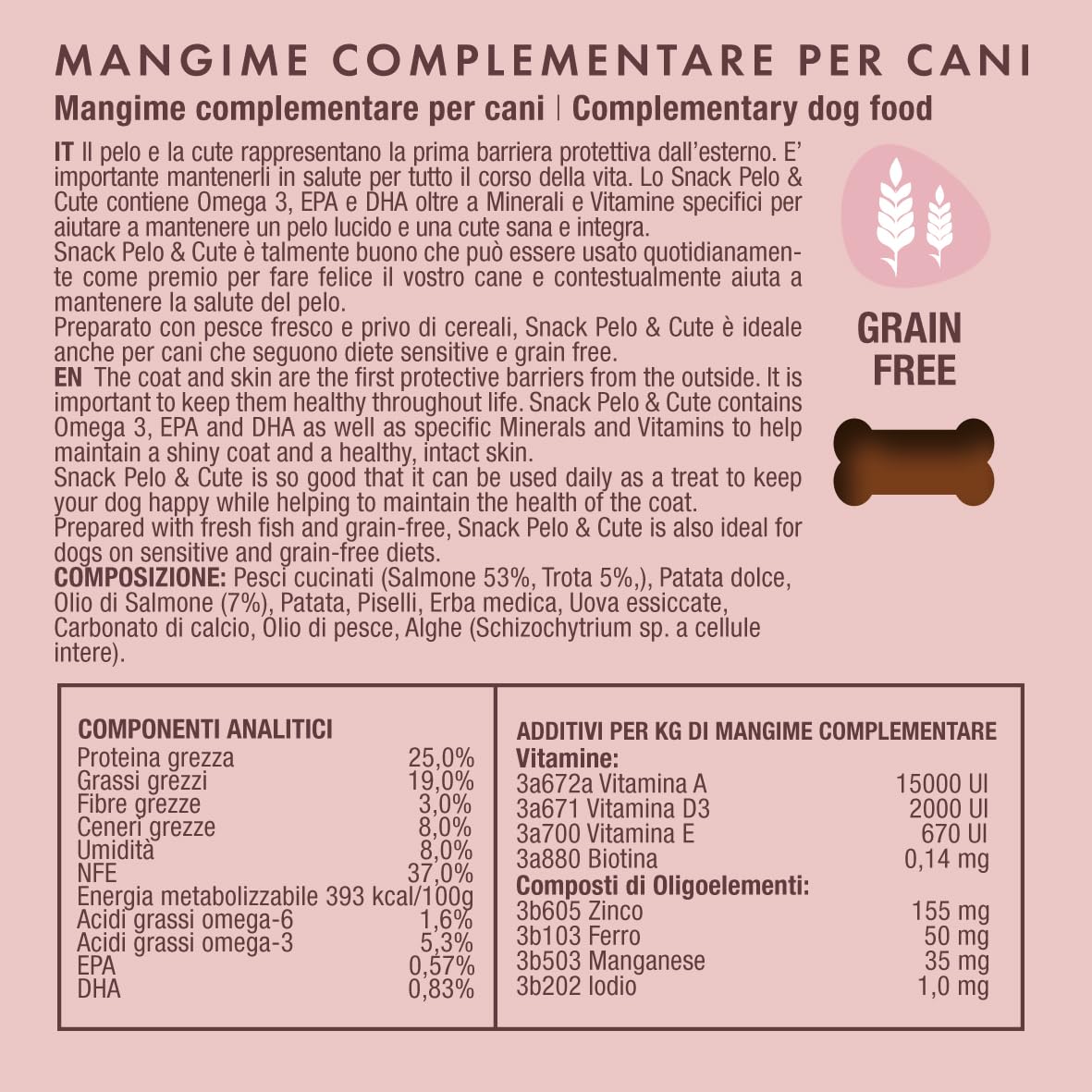 Marty & Co - Skin & Coat Snack - Snack Per il pelo e la cute del cane,Pelo Lucido e Cute Sana - per Cane e Gatto - Con EPA, DHA, Omega 3, Zinco, Biotina, Vitamine e Minerali - Grain Free - gr 80