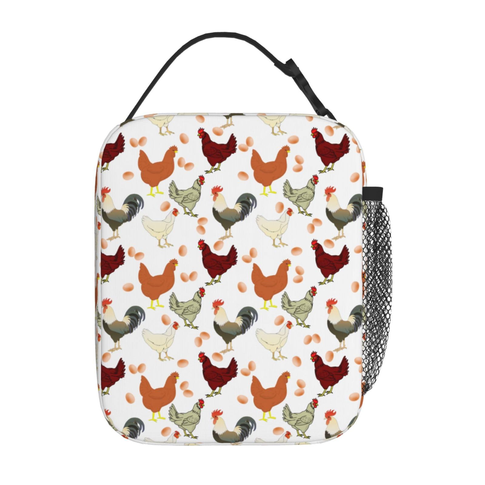 MEUUD Cute Animal Chicken Print Insulated Lunch Bag Reusable Lunchbox Leakproof Portable Box for Women Men with Handle and Bottle Pocket for Work