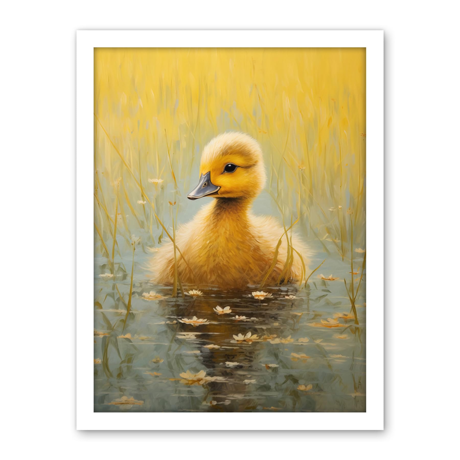 Artery8 Cute Yellow Ducking in Countryside Pond Oil Painting Kids Bedroom Baby Duck Bright Artwork Framed Wall Art Print 18X24 Inch