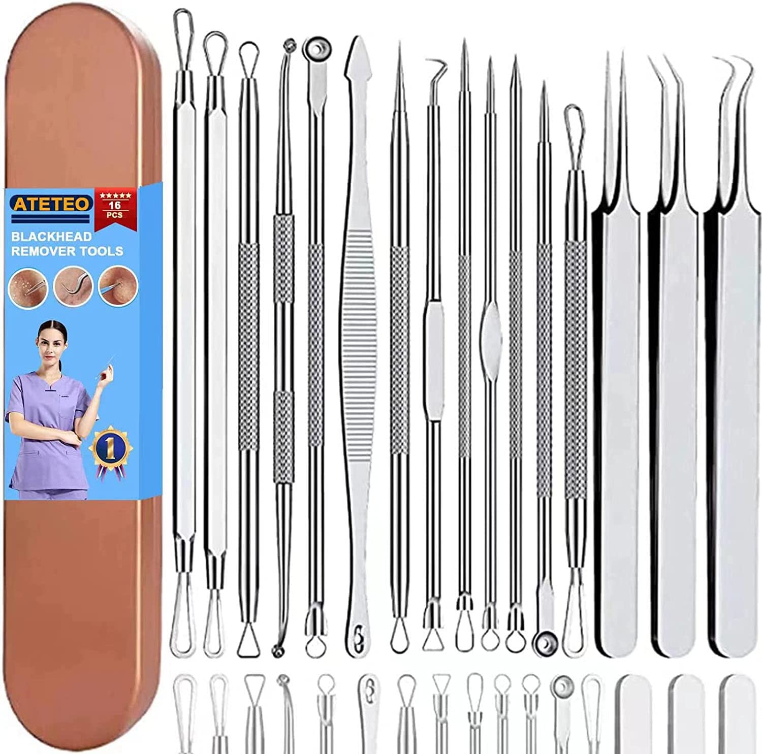 Blackhead Remover Tool, Pimple Popper Tool Kit, 16 Pack Professional Pimple Comedone Extractor Tool Acne Removal Kit