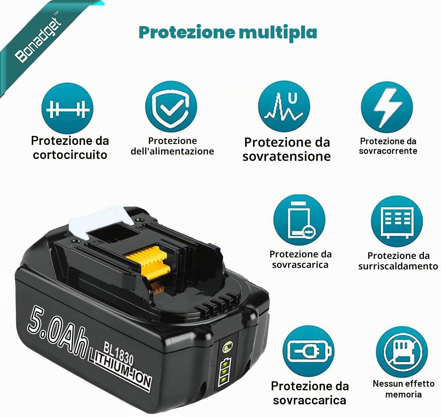 Bonadget Batteria di ricambio 18V 5.0Ah per caricabatterie 3A DC18RC compatibile con caricabatterie 14.4V18V BL1830 BL1850 BL1840 BL1860 BL1820 ecc. DC18RC DC18RD DC18SF