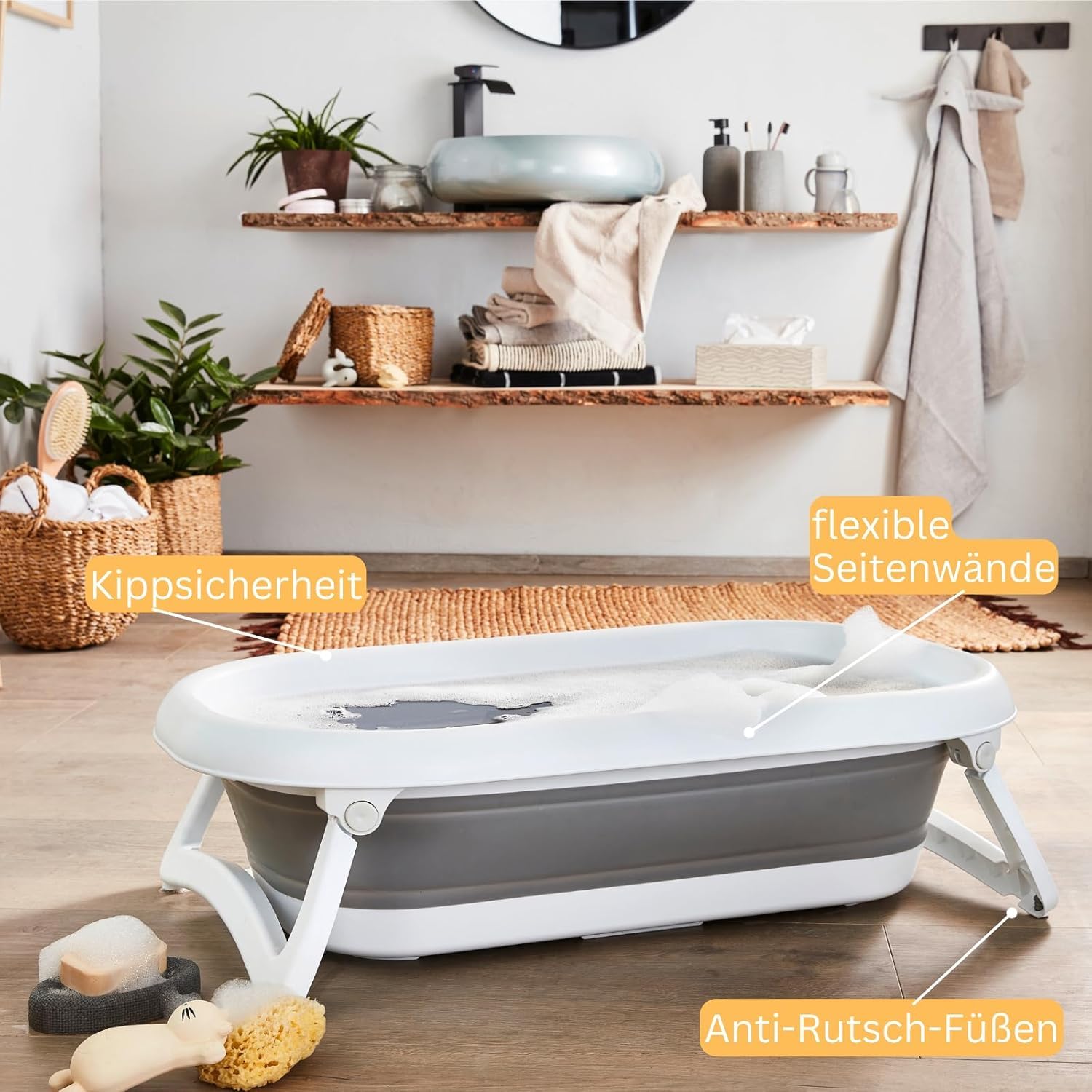 Rotho Babydesign Baby Badewanne faltbar Babybadewanne Reisebadewanne Grau