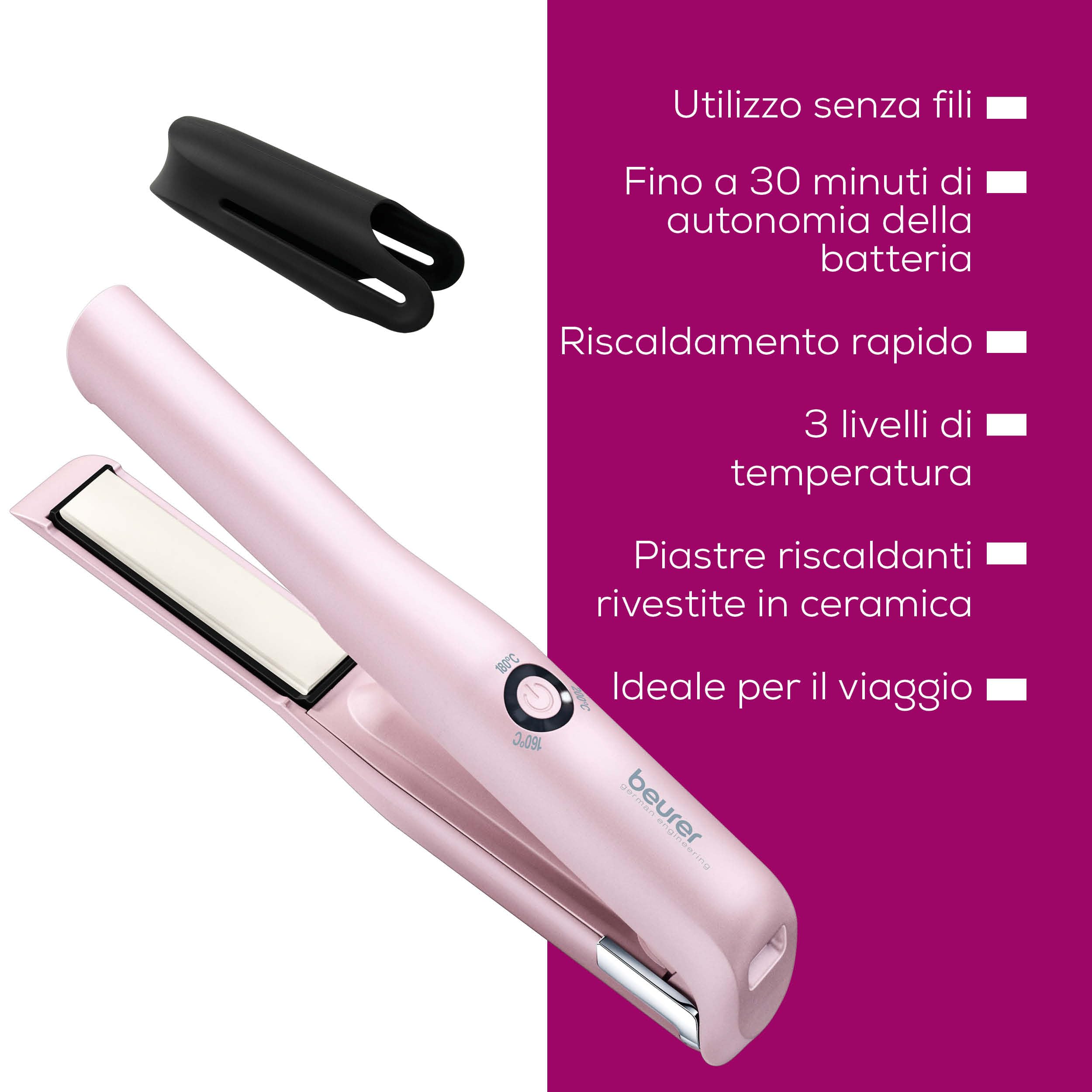 Beurer HS 20 Piastra per Capelli Senza Fili con Batteria Ricaricabile, 3 Temperature, Riscaldamento Rapido, USB, Ceramica e Tormalina, Compatta da Viaggio, Rosa
