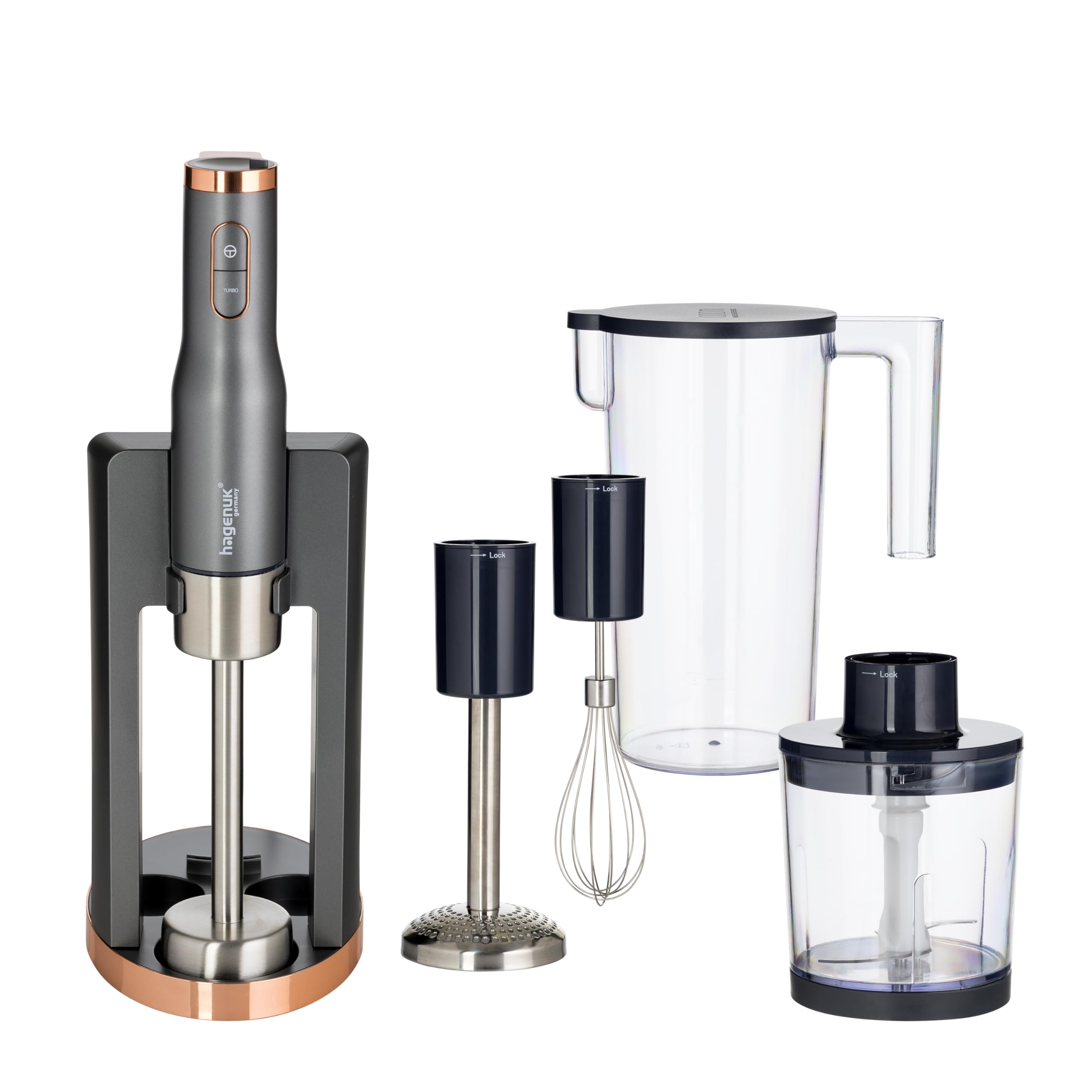 Stabmixer-Set | 800 Watt | Titan-Klinge | 7-teilig | Kartoffelstampfer | edelstahl Schneebesen | Chopper | Meßbecher