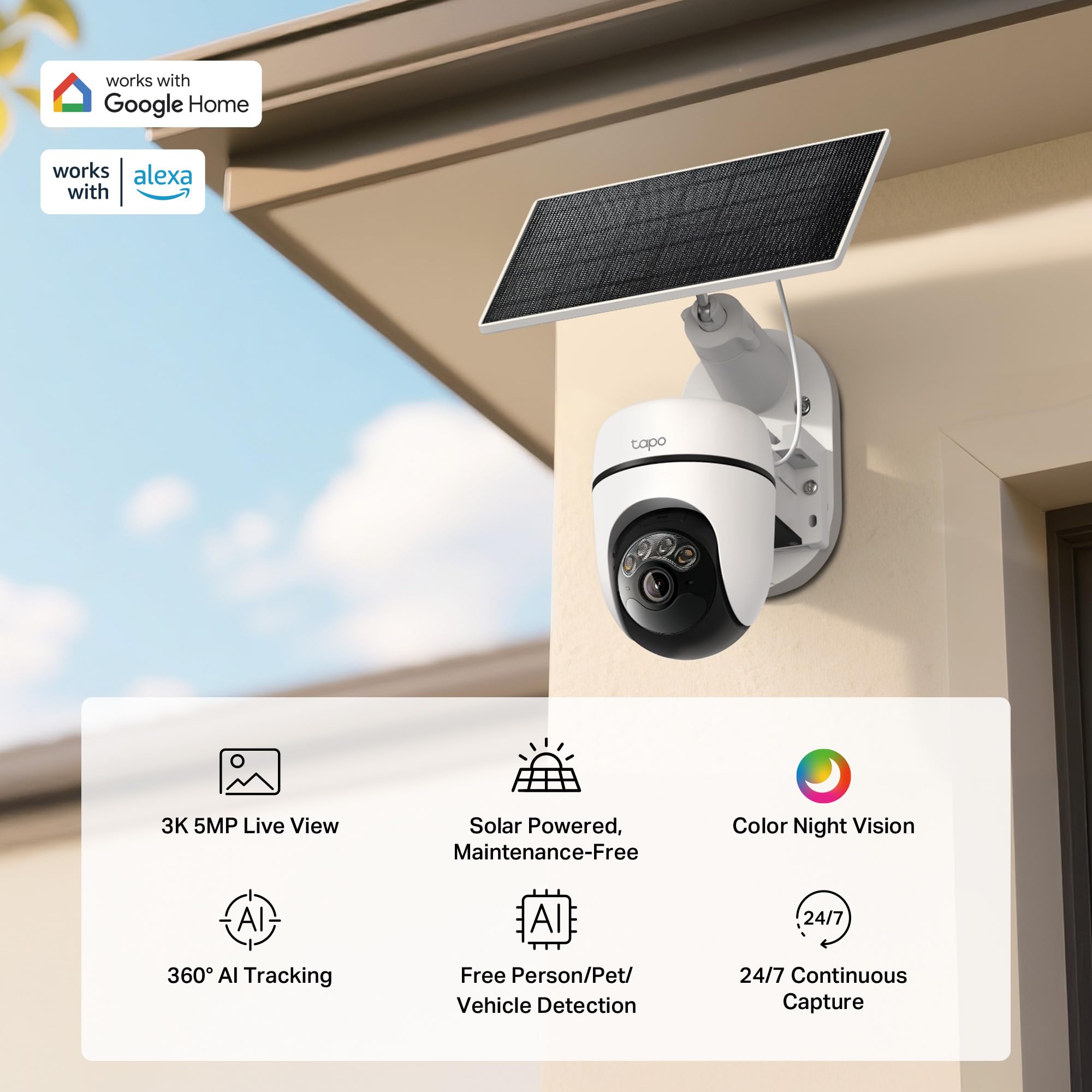 Tapo C630 Kit - Cámara vigilancia WiFi Exterior 360°, 3K, Solar | Detección de Movimiento. Con Panel Solar. Visión Nocturna. Alarma Luz y Sonido. App Tapo.