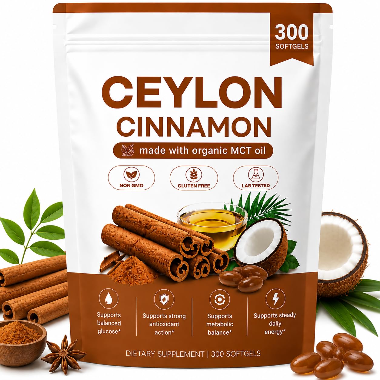 Ceylon Cinnamon Supplements with MCT Oil, 300 Softgels, 12:1 Concentrated Premium Cinnamon Extract Softgels for Daily Wellness, Gluten Free & GMO Free