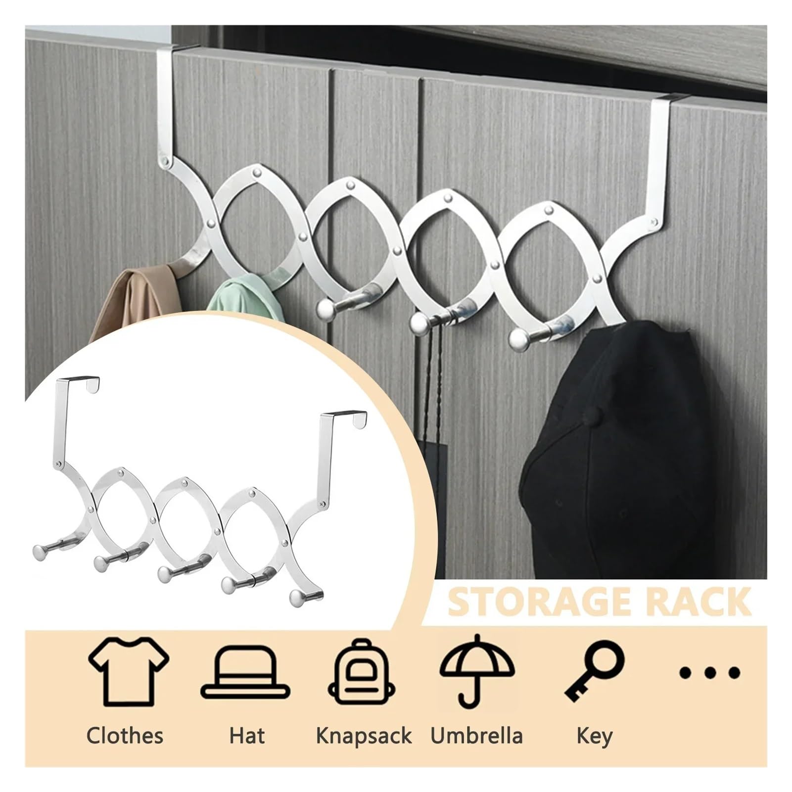 Ganchos Para Colgar Puerta Gancho retráctil detrás de la puerta, estante de acero inoxidable con 4/5/6 ganchos(5 hooks,Small Hook)