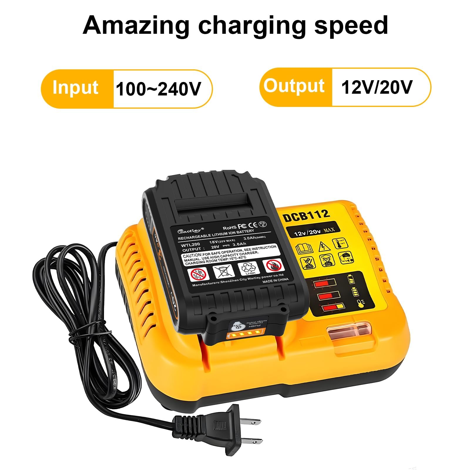 Paquete de 2 baterías de repuesto de 3.0 Ah para batería DeWalt de 20 V con estación de carga de batería DCB112 para DCB200 DCB120