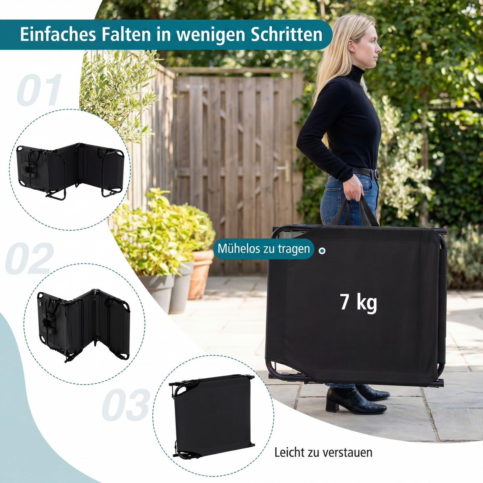 COSTWAY Sonnenliege mit Gesichtsöffnung, klappbare Gartenliege mit 3 abnehmbaren Kissen und 5-Fach Verstellbarer Rückenlehne, Strandliege Liegestuhl für Garten und Poolbereich (Schwarz)