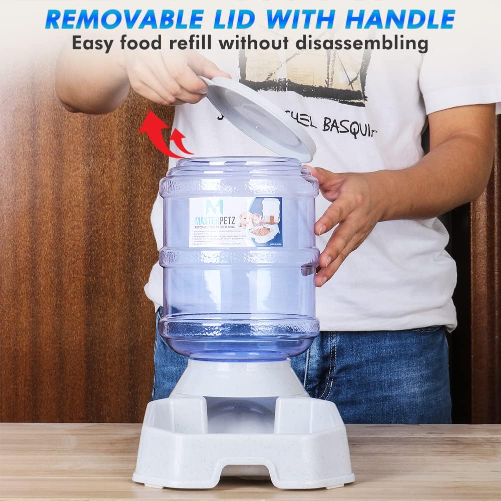 Automatic Cat Feeder and Water Dispenser for Dogs, 1 Gallon x 2 Gravity Feed Water Bowl for Cats Max 30lbs Self Filling Auto Pet Waterer Replenish Opening with Firm Lock