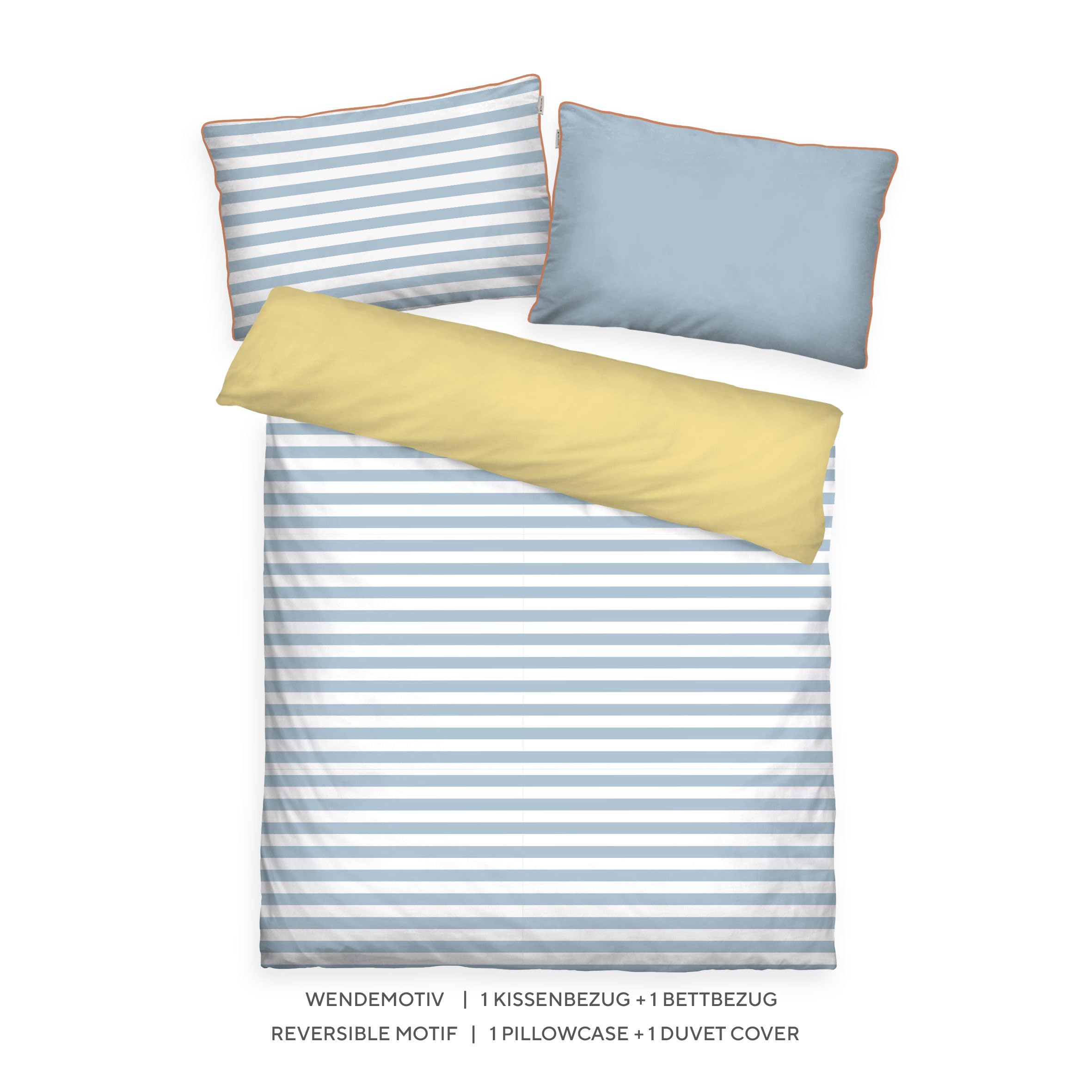 Tom Tailor Linge de lit bébé en Percale, 40x60 cm + 100x135 cm, 100% Coton/perforé, avec Motif réversible, Ourlet Haut et Fermeture éclair de Marque, Strips with Push (Sky Blue & Light Lemon)