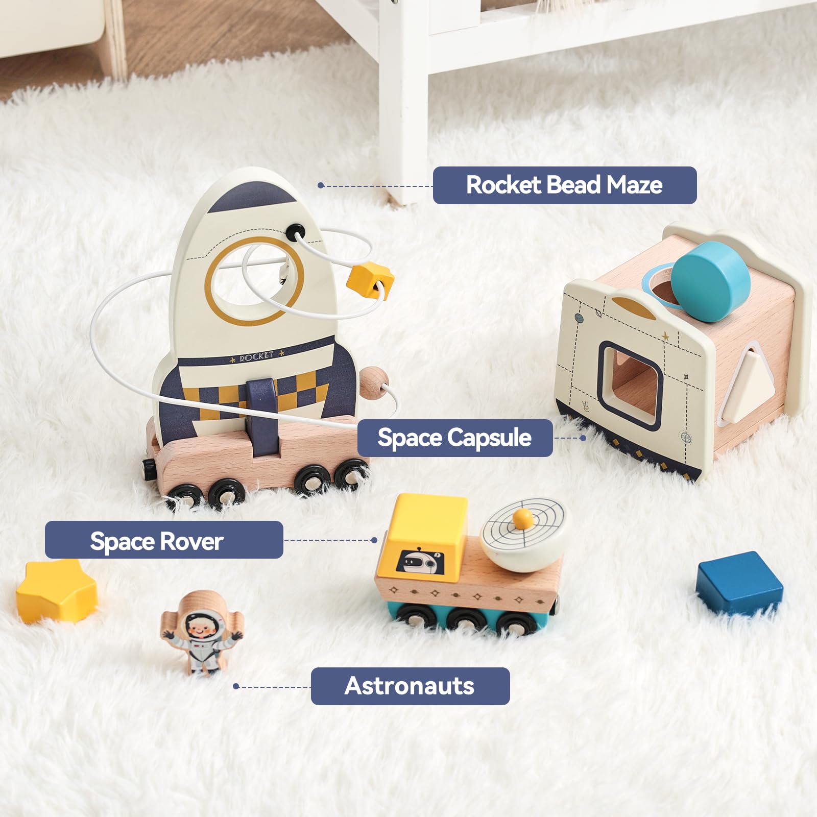 OESSUF Cubo de habilidades motoras para bebé, juguete de madera para el espacio exterior, vehículo magnético, juego de 3 piezas, juguetes Montessori para niños a partir de 1 año, juguetes educativos
