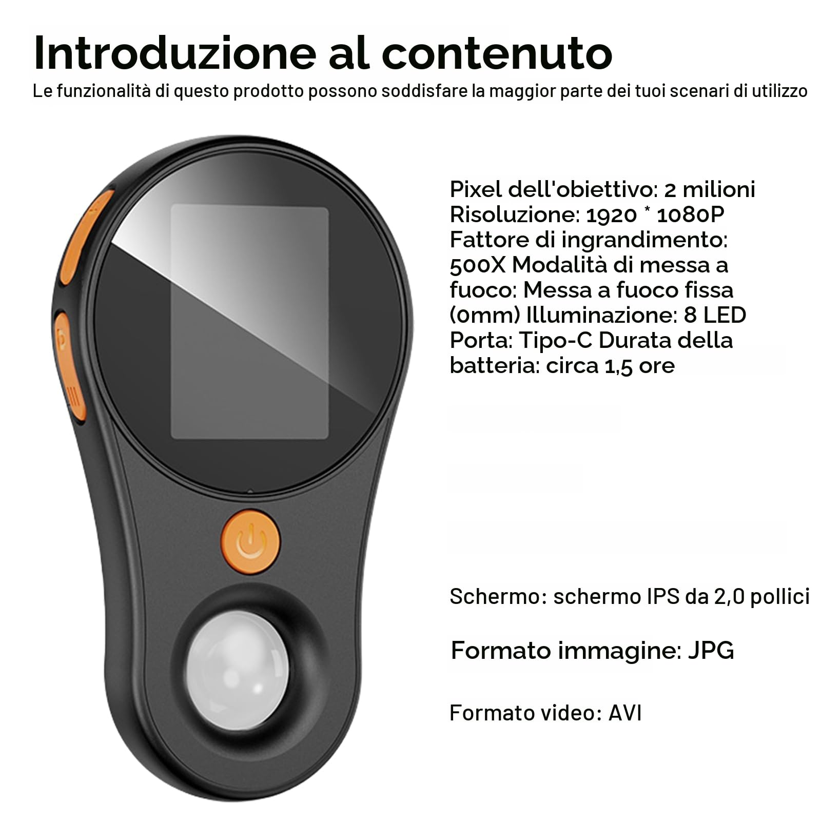 Mini Microscopio Portatile Tascabile Con Schermo IPS Da 2", 500X Per Bambini Con 8 Luci LED USB Su PC, Esterno (Nero)