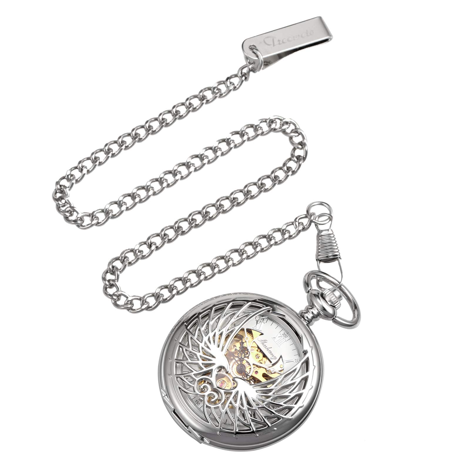 Treeweto Montre à Gousset mécanique avec Ailes d'aigle Double boîtier Creux Chiffre Romain avec chaîne Coffret Cadeau