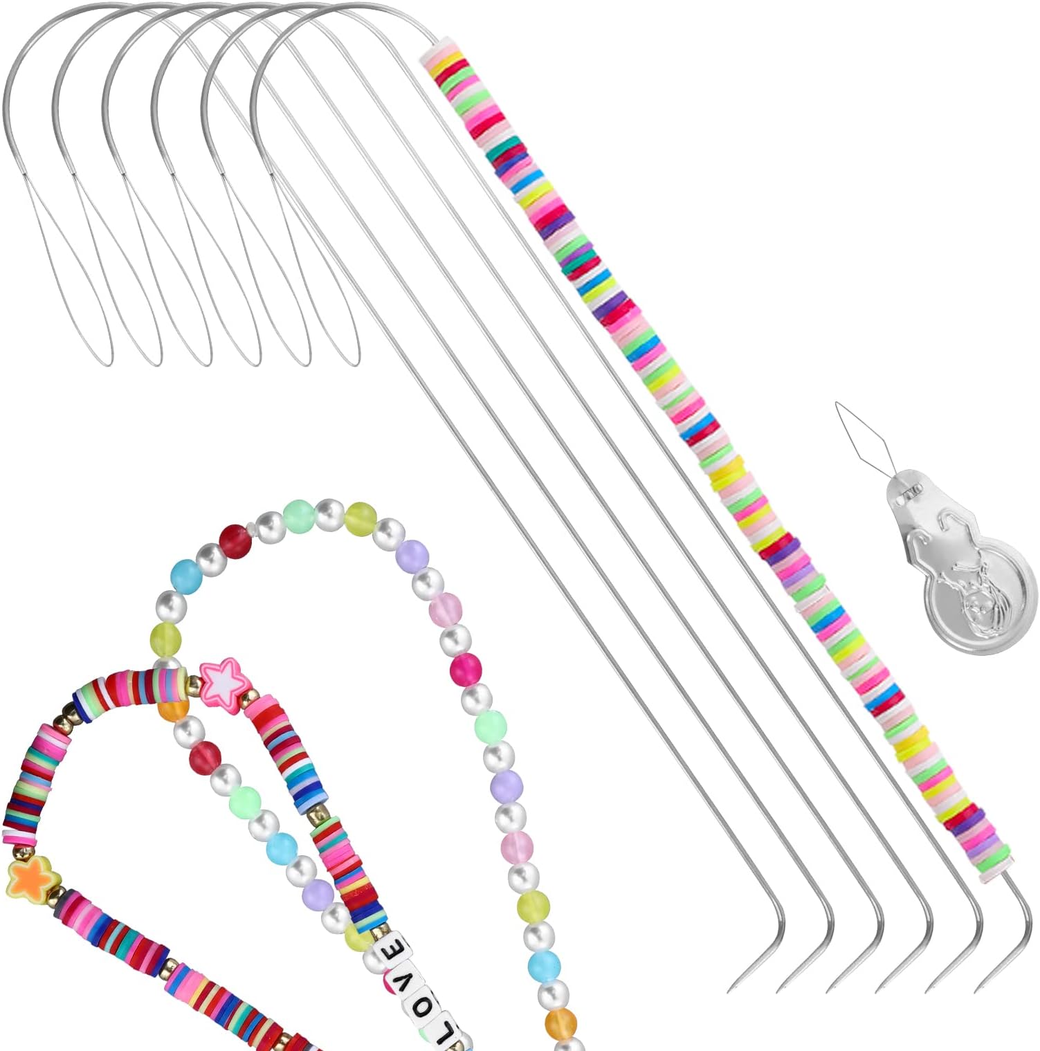 Aster 6 PCS Large Eye Curved Beading Needles with 1pc Bead Needle Threader, 5.3 Inch Flexible Beading Needle for Bead Spinner, Bead Needles for DIY Beading Jewelry Making Crafts