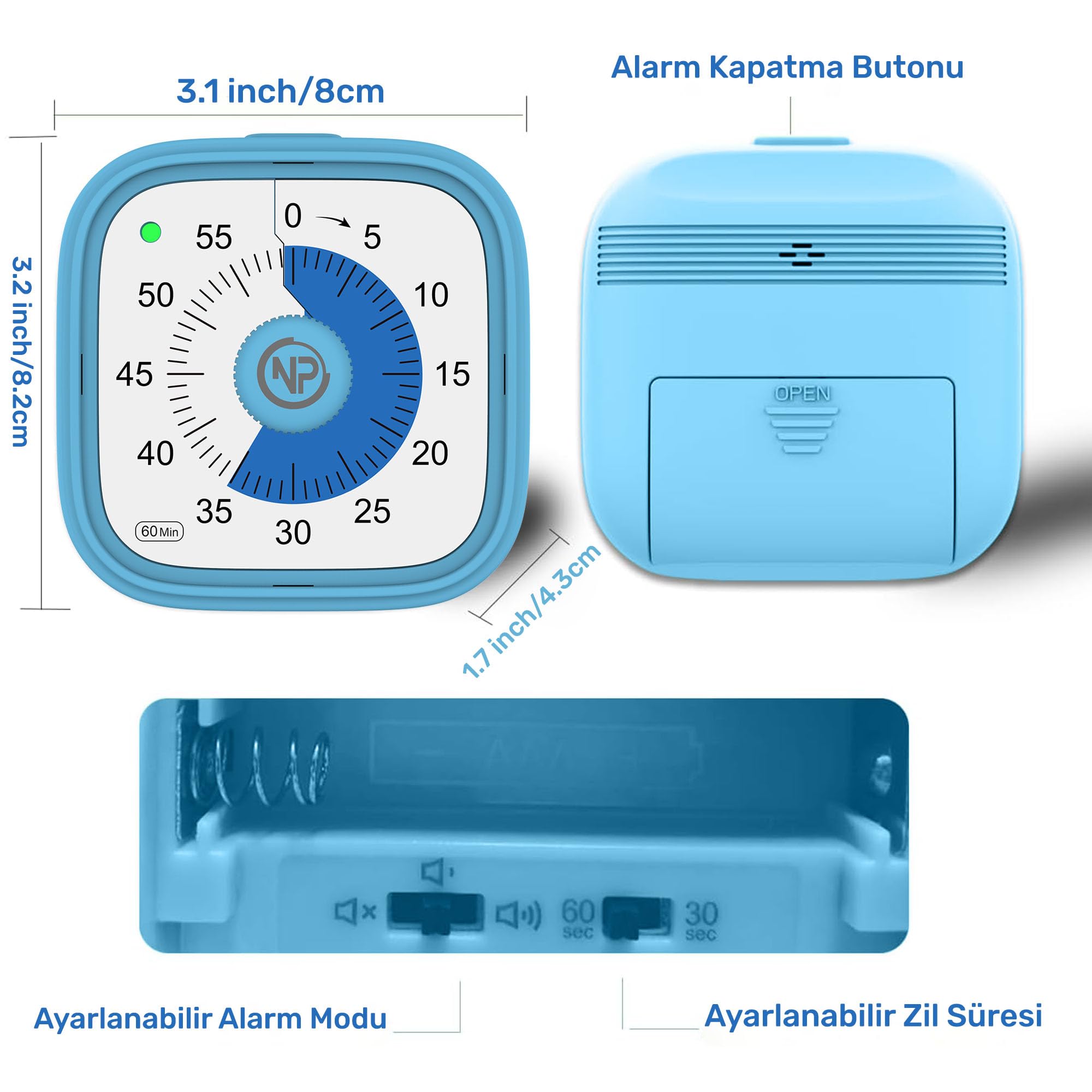 NPO NPT31B Mutfak,Ders,Yemek için 60dk Analog Alarm Zamanlayıcı,Pomodoro Öğrenci Motivasyon Saati