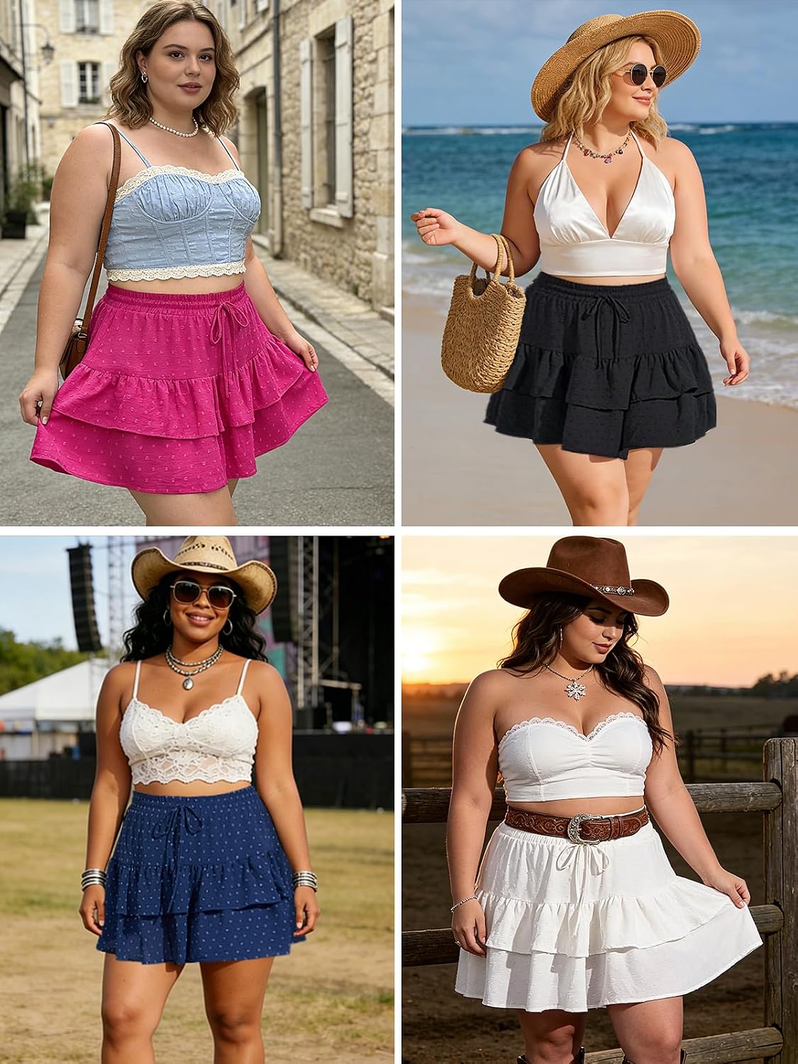Moon Wood Women's Plus Size Tiered Mini Skorts Boho High Waisted Ruffle Shorts Flowy Summer Beach Skirt with Pockets
