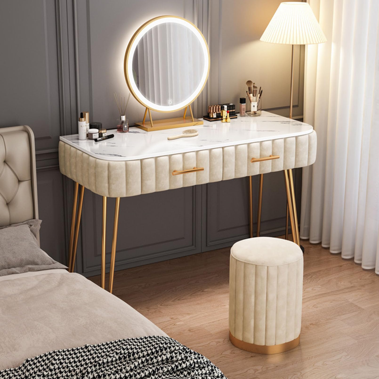 Tavolo da trucco illuminato, 3 opzioni di luce di colore, luminosità regolabile, grandi cassetti e sgabello, perfetto per gli amanti della bellezza