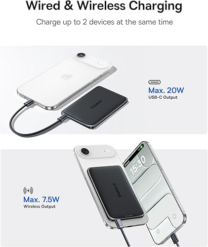 Vista 34 de Baseus PicoGo Batería externa portátil MagSafe ultradelgada, 0.3 pulgadas, 5000 mAh, magnética, tamaño tarjeta, cable trenzado USB-C, inalámbrica