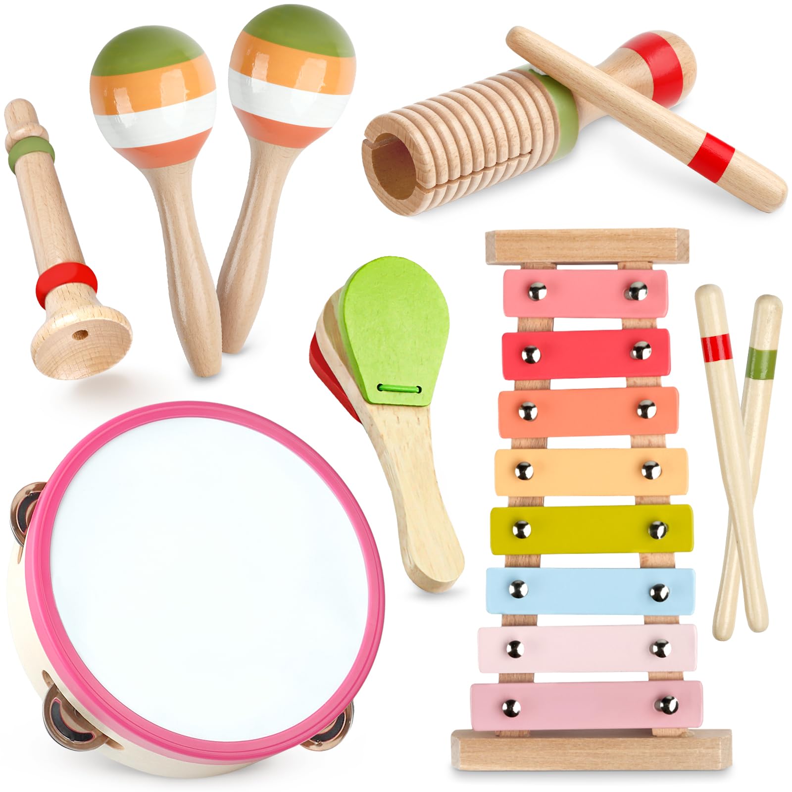Baby Musical Instruments - Montessori Wooden Musical Toys for Toddlers 1-3 Xylophone Maracas Tambourine Percussion Set Kids Preschool