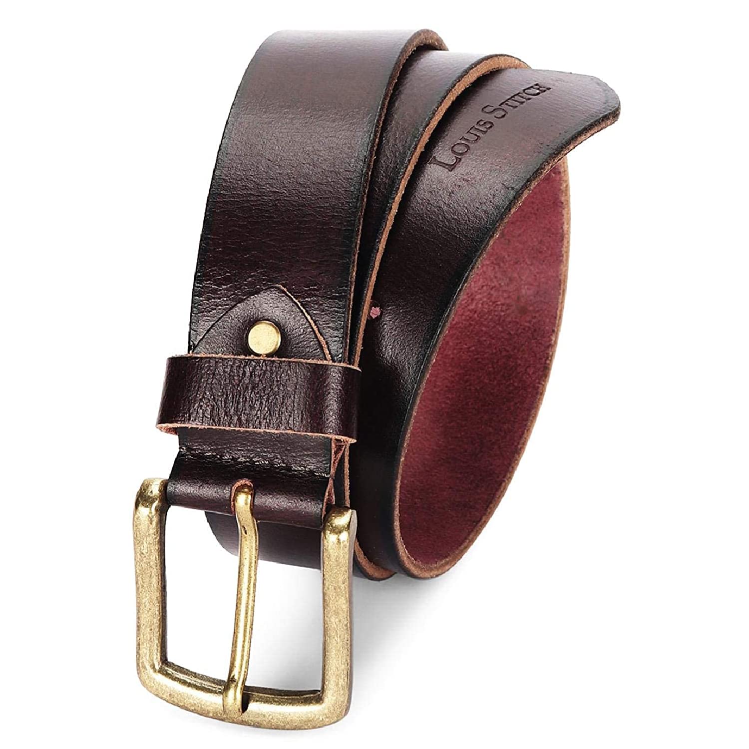 LOUIS STITCH Men's Rosewood Red Italian Raw Leather Belt Premium Hand Padded Casual Belts for Men With Heavy Brass Buckle 1.5 Inch (38mm) (CAHPRW36)