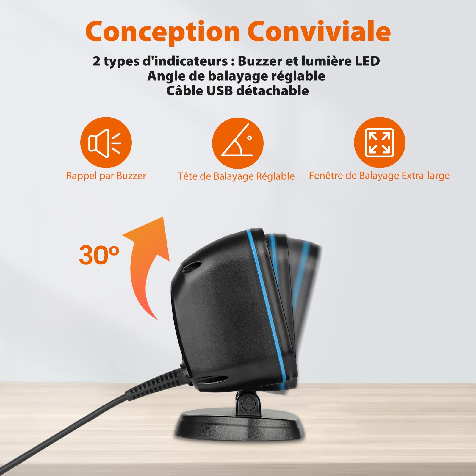 OBZ Lector de Código de Barras 1D 2D QR con Cable USB, Escáner de Escritorio Automático Manos Libres para POS PC Supermercado Farmacia Panadería Biblioteca Compatible con Windows MacOS, Android Linux