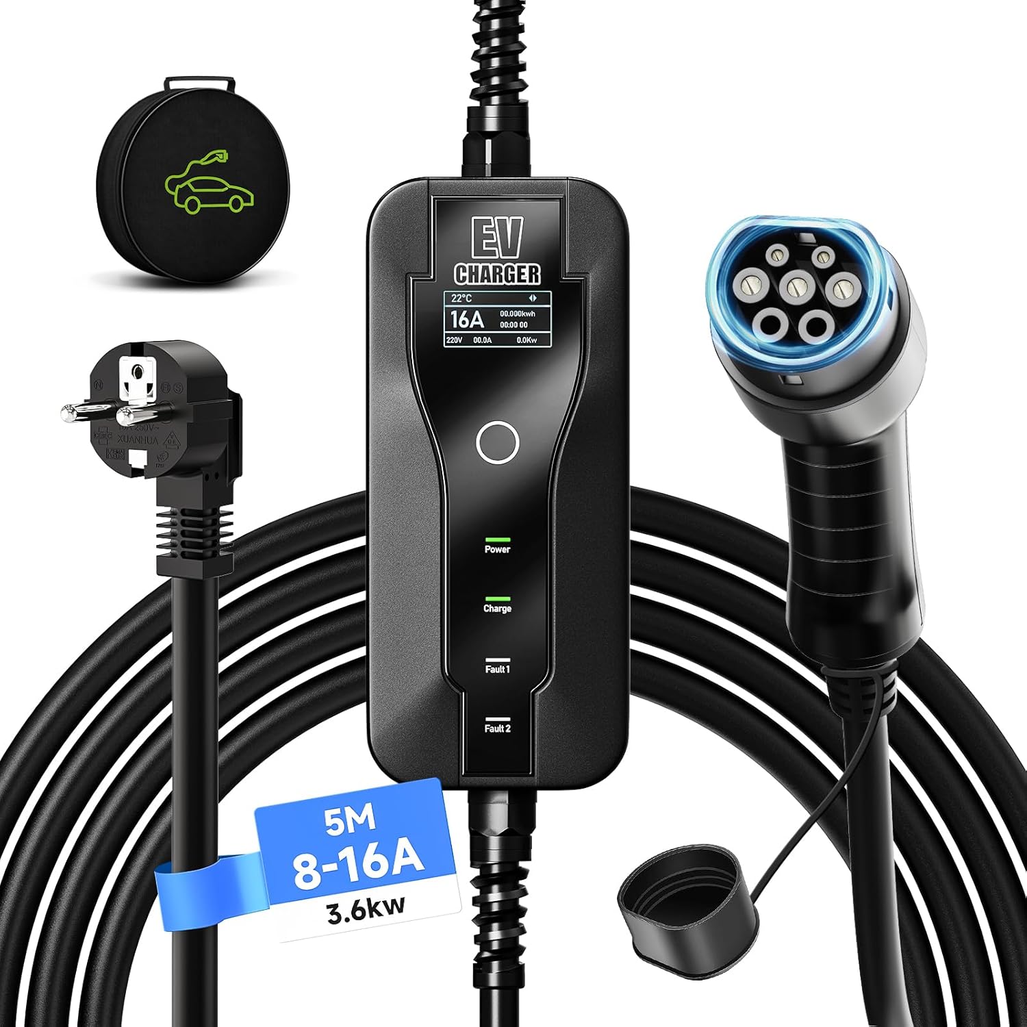 Cargador portátil para vehículos eléctricos tipo 2, cargador para coche eléctrico de 3,6 kW, corriente conmutable 8/10/13/16 A, pantalla digital controlable, 5 m con bolsa (IEC 62196-2)