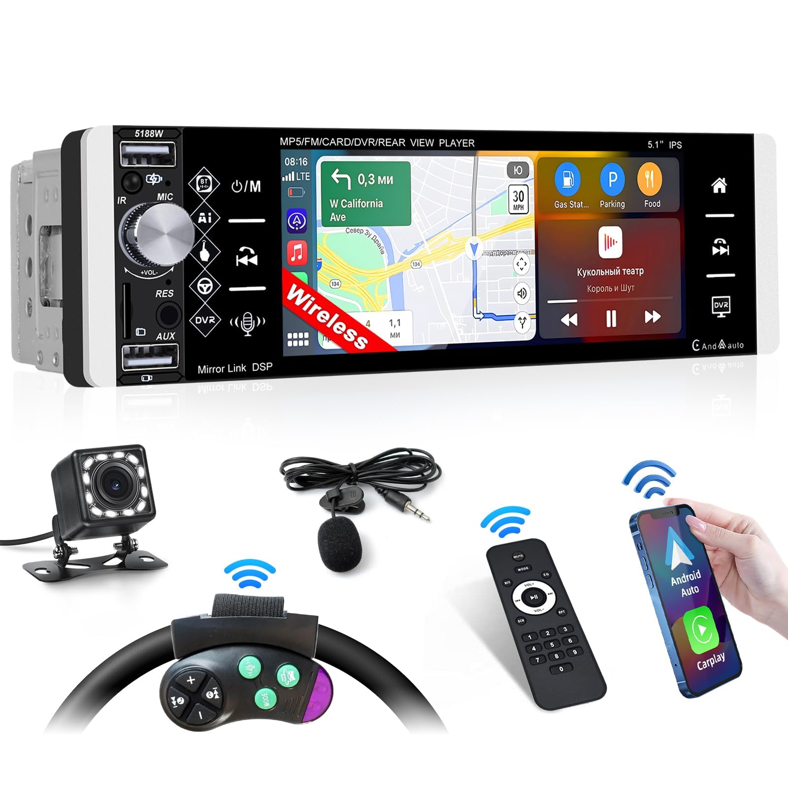 Inefala Pantalla Radio Coche 1 DIN con Carplay inalámbrico y Android Auto, Pantalla de 5,1 Pulgadas con Bluetooth, Mirror Link, Compatible con FM RDS, EQ, USB/AUX/TF, cámara de visión Trasera