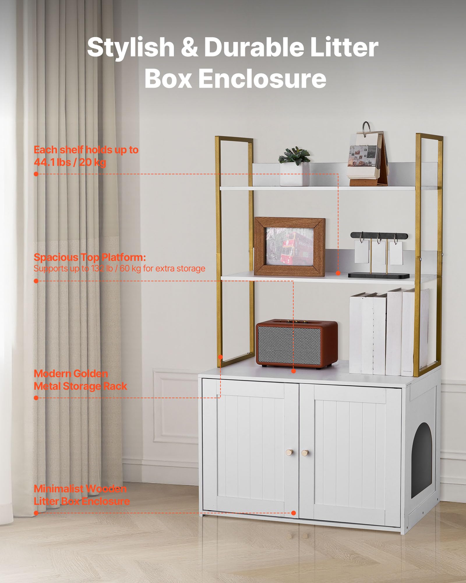 VEVOR Arenero para Gatos, 700 x 450 x 1245 mm, con Patas de Metal y Estantes de Almacenamiento de 2 Niveles, Caseta para Gatos, Compatible con la Mayoría de Areneros, Ideal para el Salón, Blanco