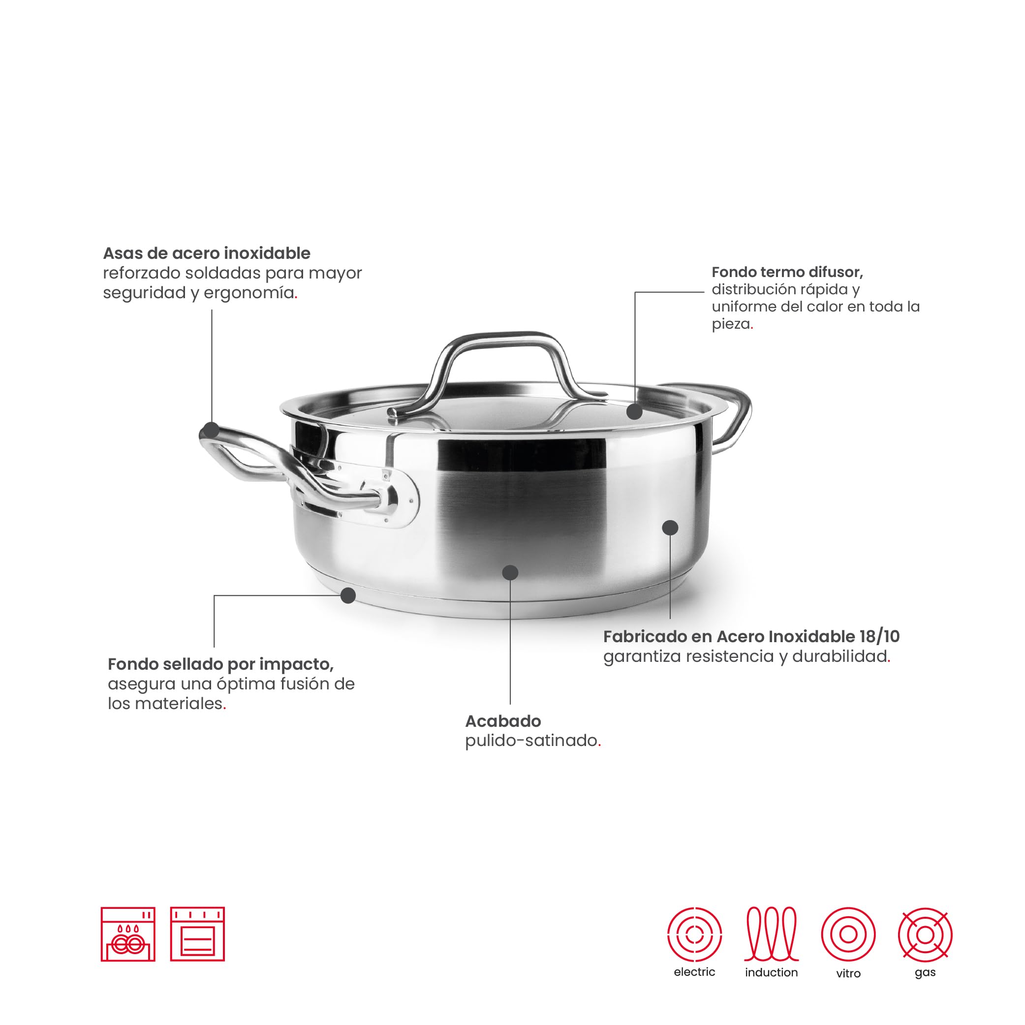 IBILI - Casseruola con coperchio inox Ebbe 28 Cm, Acciaio inossidabile 18/10, Adatto per induzione
