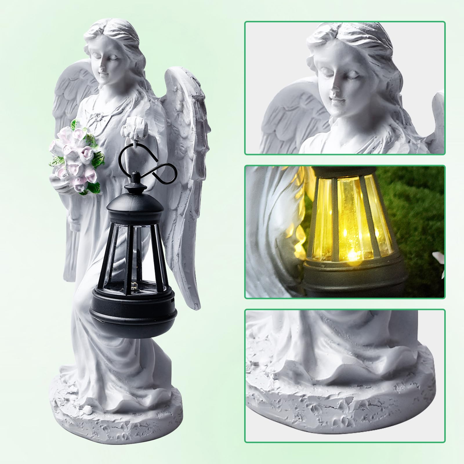 GOMETY Estatuas de ángel solar para jardín, figura de ángel de la guarda con linterna solar LED, luz para tumba, decoración al aire libre, escultura de ángel, decoración de césped, figura de ángel de