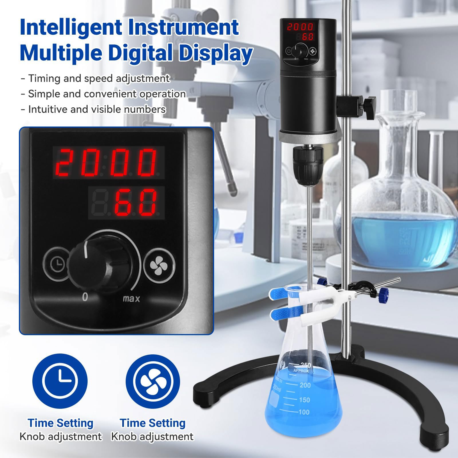 Miscelatore elettrico in testa, miscelatore da laboratorio digitale da 120 W con impostazione del tempo e regolazione della velocità, capacità massima 40 l, 10000 mPas, 100-2000 giri/min