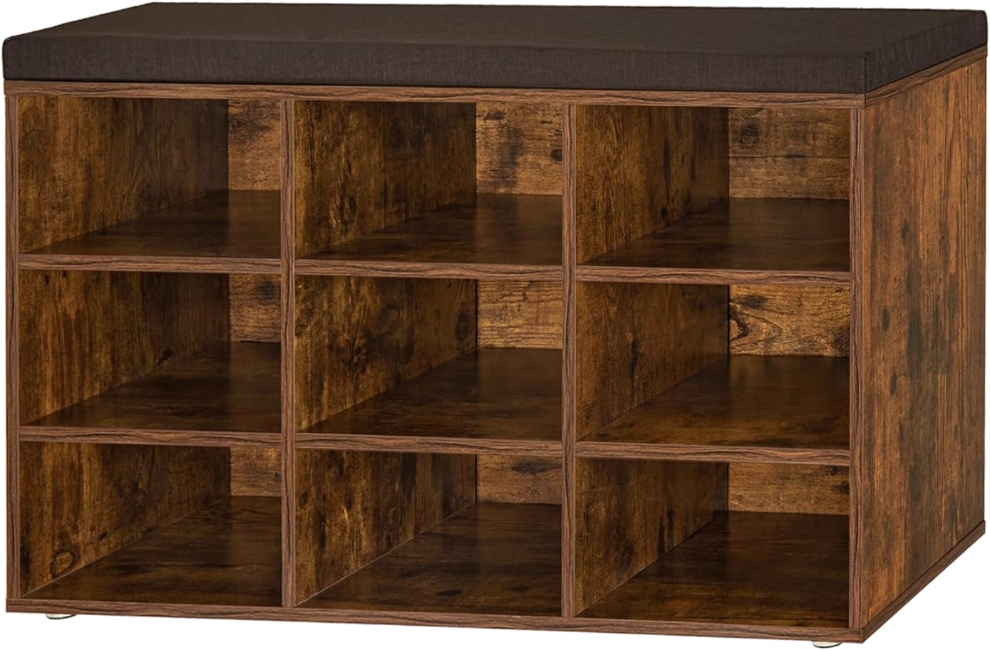 DINZI LVJ Shoe Storage Bench with Cushion, Cubby Rack with 9 Cubbies, Adjustable Shelves, Multifunctional Organizer Bench for Entryway, Mudroom, Hallway, Closet and Garage, Rustic Brown