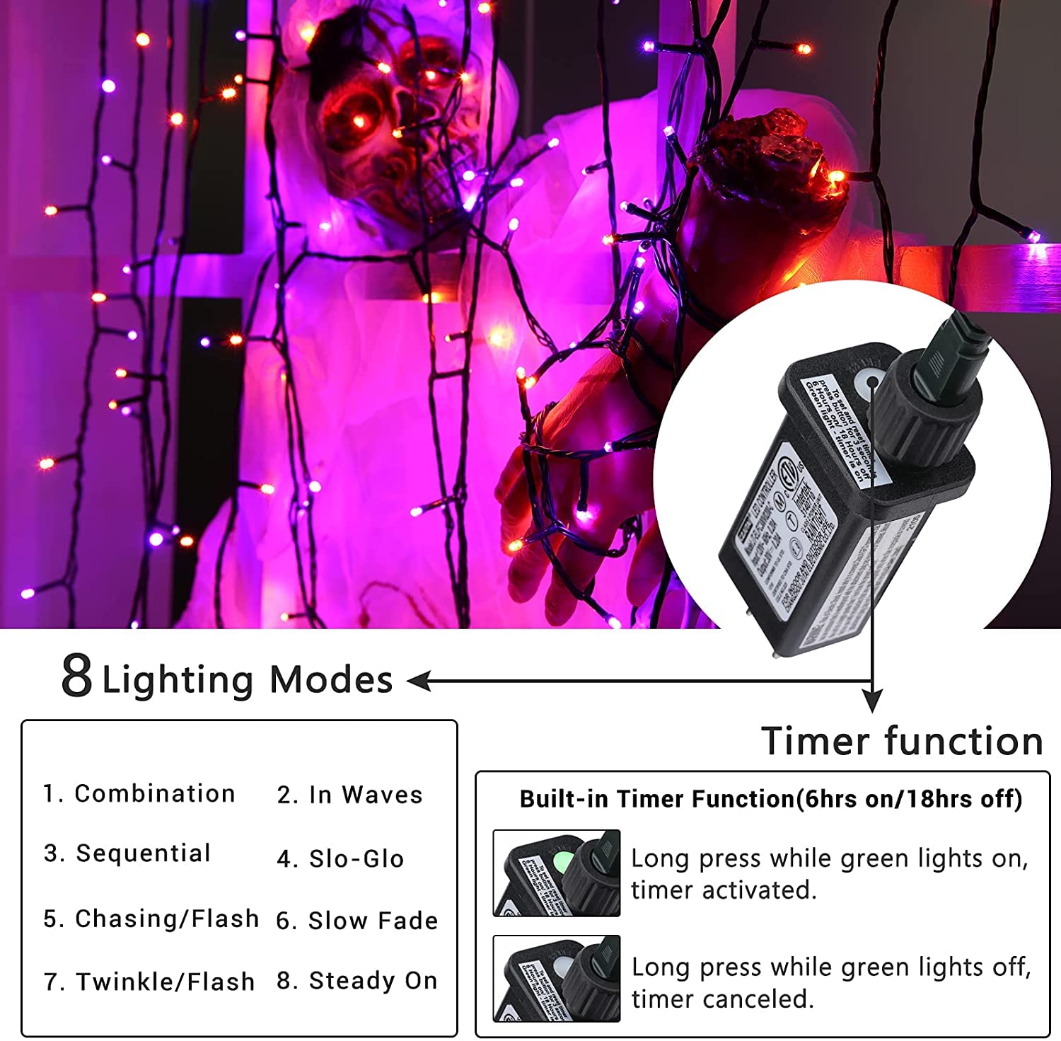 Orange and Purple Fairy Lights, 114ft 300 LED String Lights with 8 Modes, Waterproof Plug in for Indoor/Outdoor Halloween Party Decor