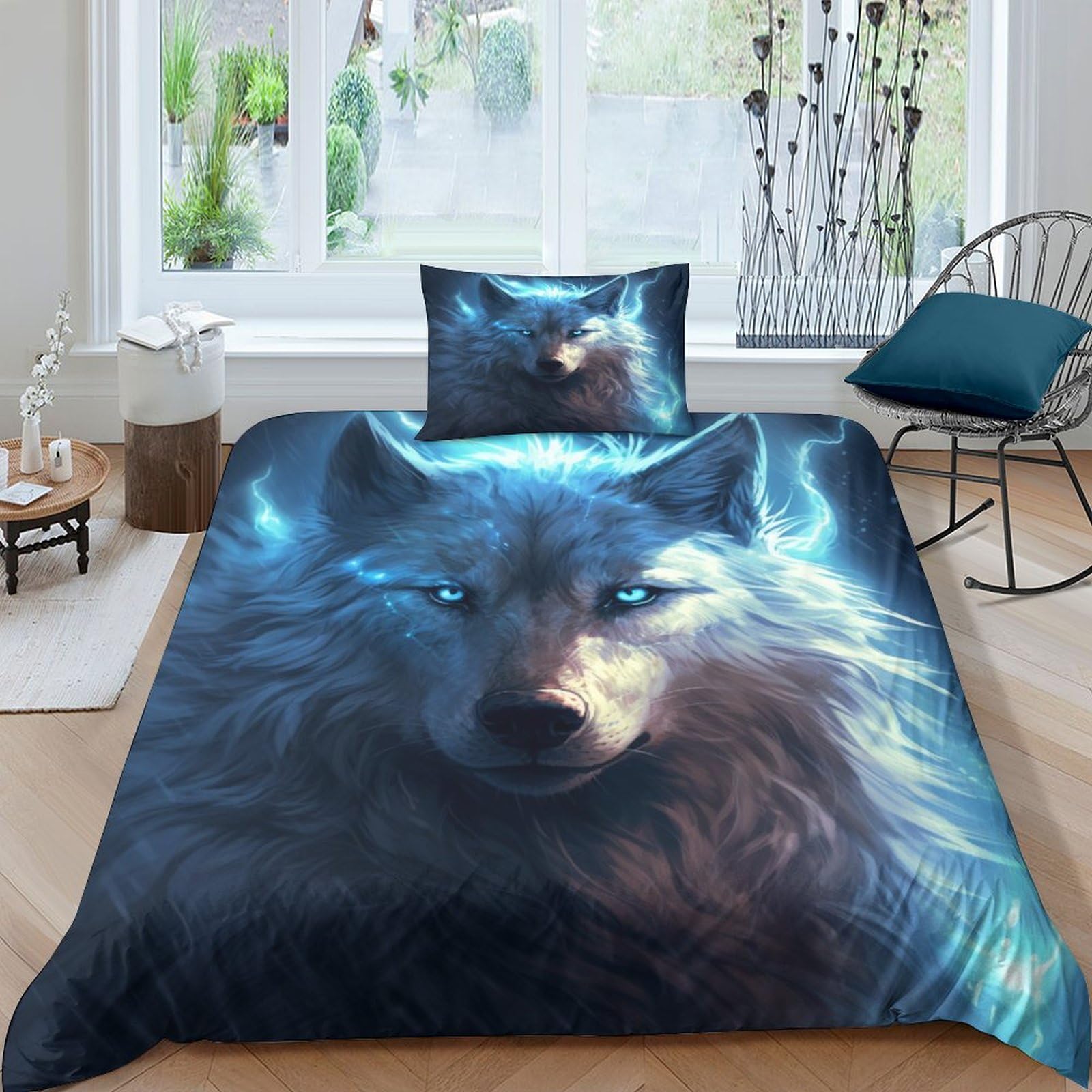 Wolf With Lightning 3D Printed Beautiful White Wolf Quilt Cover Duvet Cover Comforter Covers for Boys Girls with Pillow Cases with Zipper Closure Bedding Set Soft Microfiber 3 Pieces Single（135x200cm）