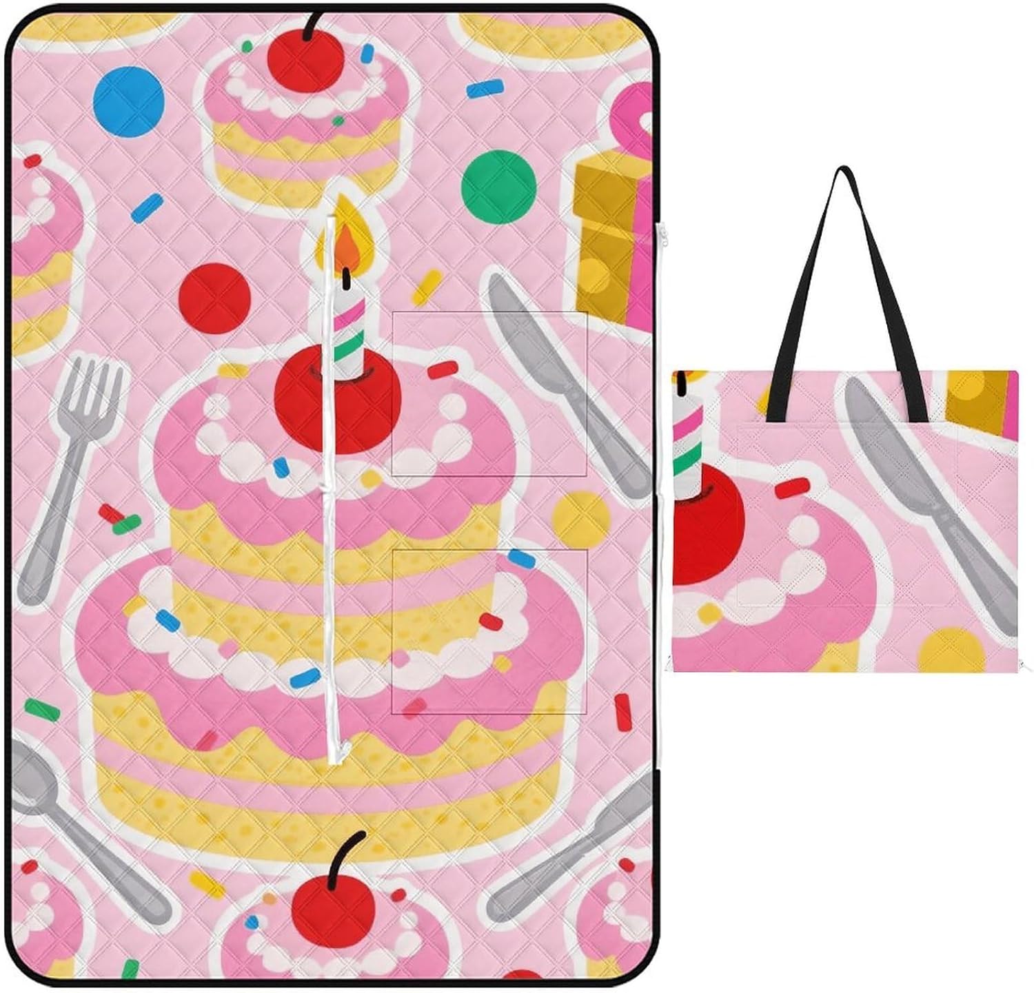 Birthday Pattern Picnic Blanket 150x150cm, Foldable 2-in-1 Picnic Mat and Tote Bag Portable Waterproof Beach Mat Sandproof Outdoor Blanket for Park, Hiking, Beach, Camping, Travel