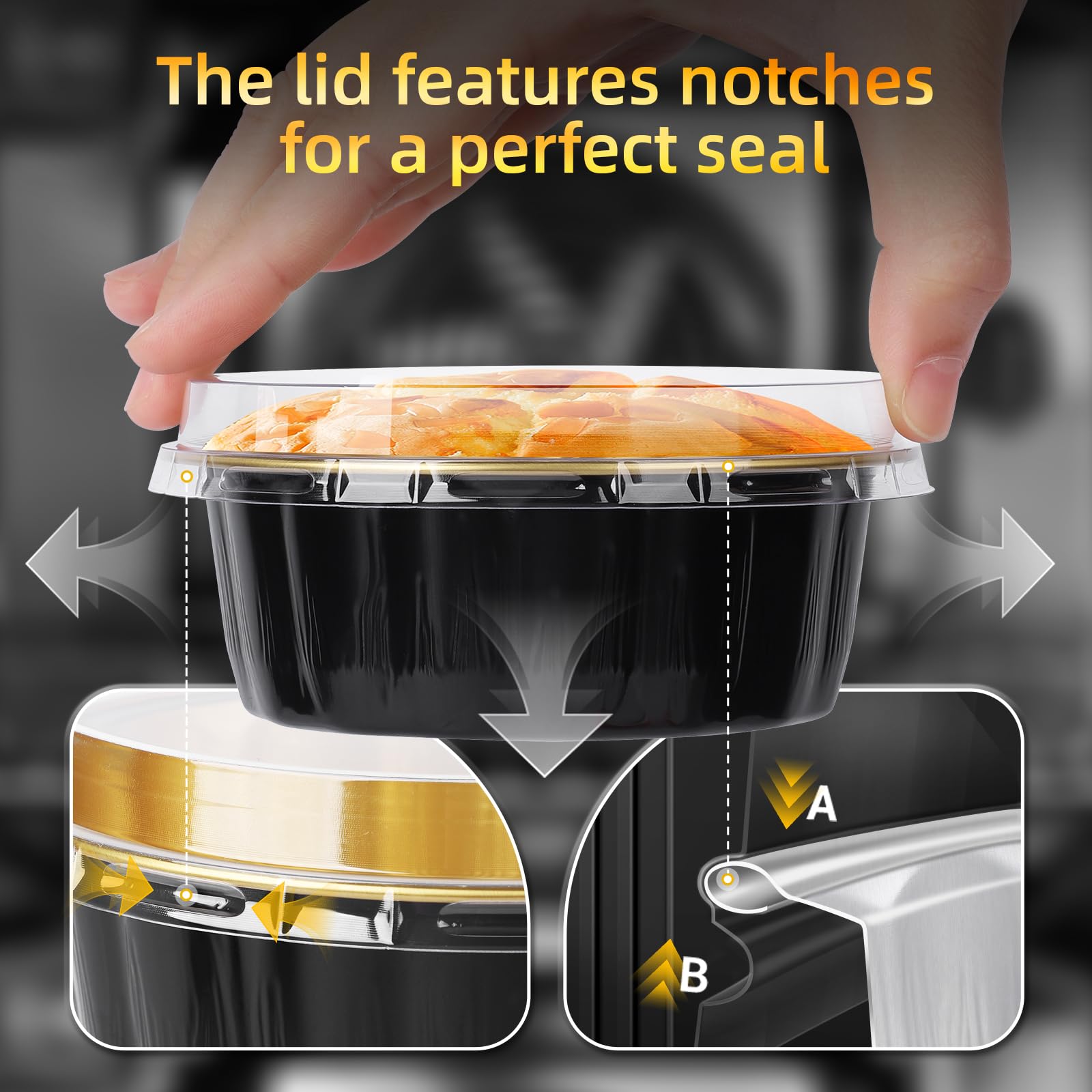 Beasea Creme Brulee - Ramequines desechables con tapas, paquete de 120 mini moldes de aluminio de 8 onzas, 4 pulgadas, color negro y dorado, pequeños moldes redondos para tartas, recipientes