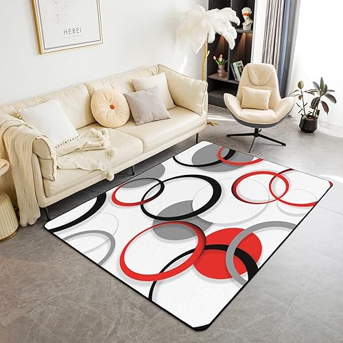 Alfombra decorativa de círculos geométricos de 5 x 7 pulgadas, color rojo, negro y blanco, alfombra decorativa de arte abstracto, alfombra