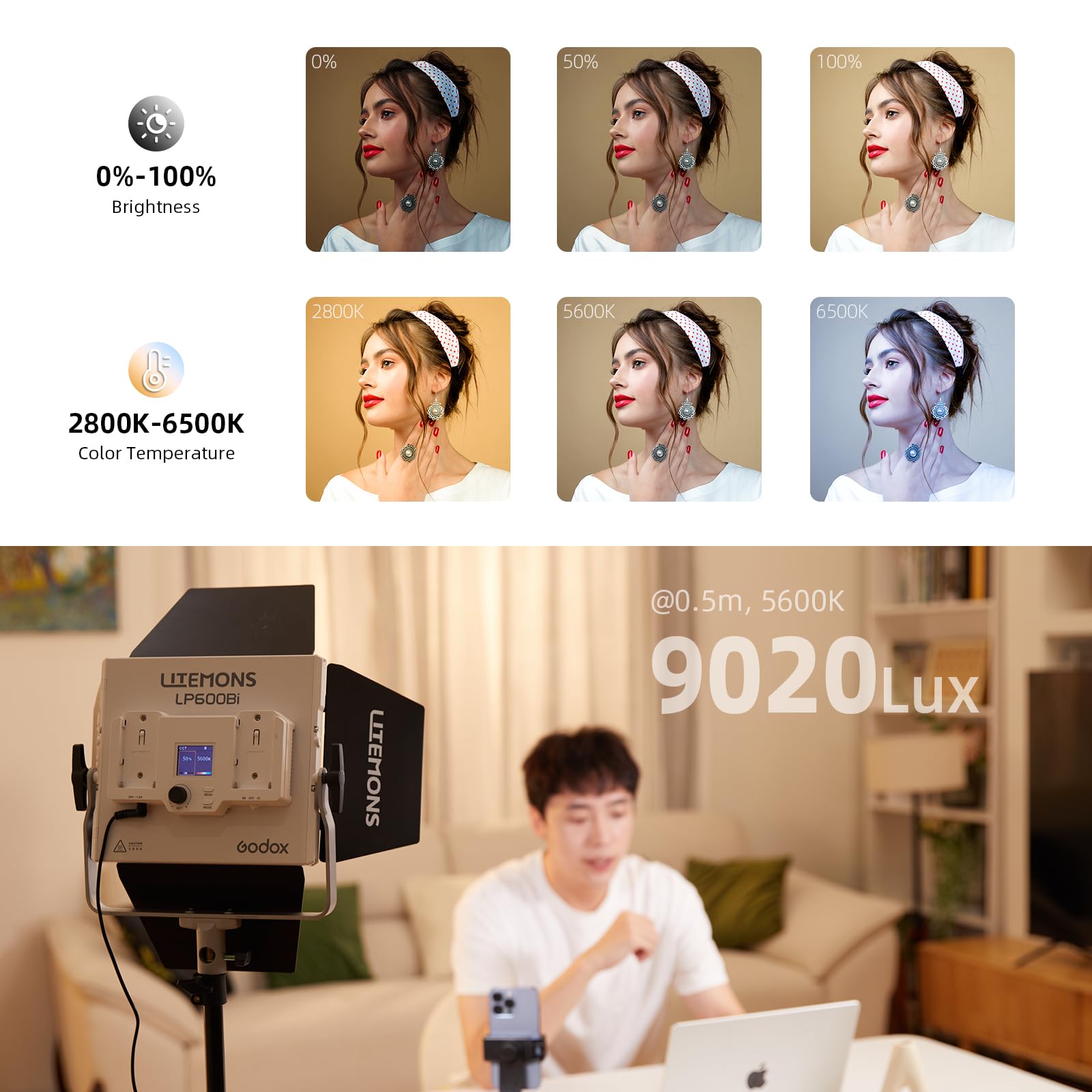 GODOX LITEMONS LP600Bi LED Video Light, CCT Bicolore Temperatura 2800K-6500K 60W Luce Pannello con 11 Effetti di Luce, L'illuminazione in Uscita Continua Supporta il Controllo APP