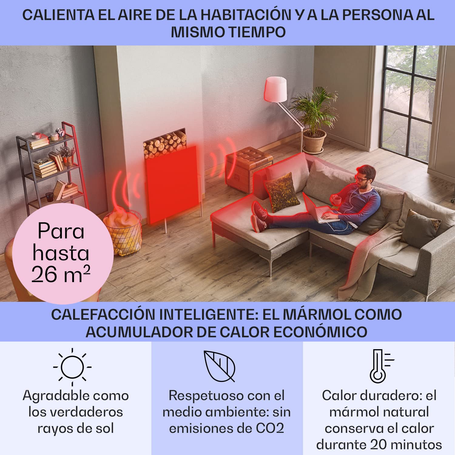 Klarstein Calefactor Infrarrojo 1300W, Panel Calefactor Infrarrojo para Casa, Portátil de Aluminio con Mármol Retenedor de Calor, Termostato, Protección Antihielo, Bajo Consumo