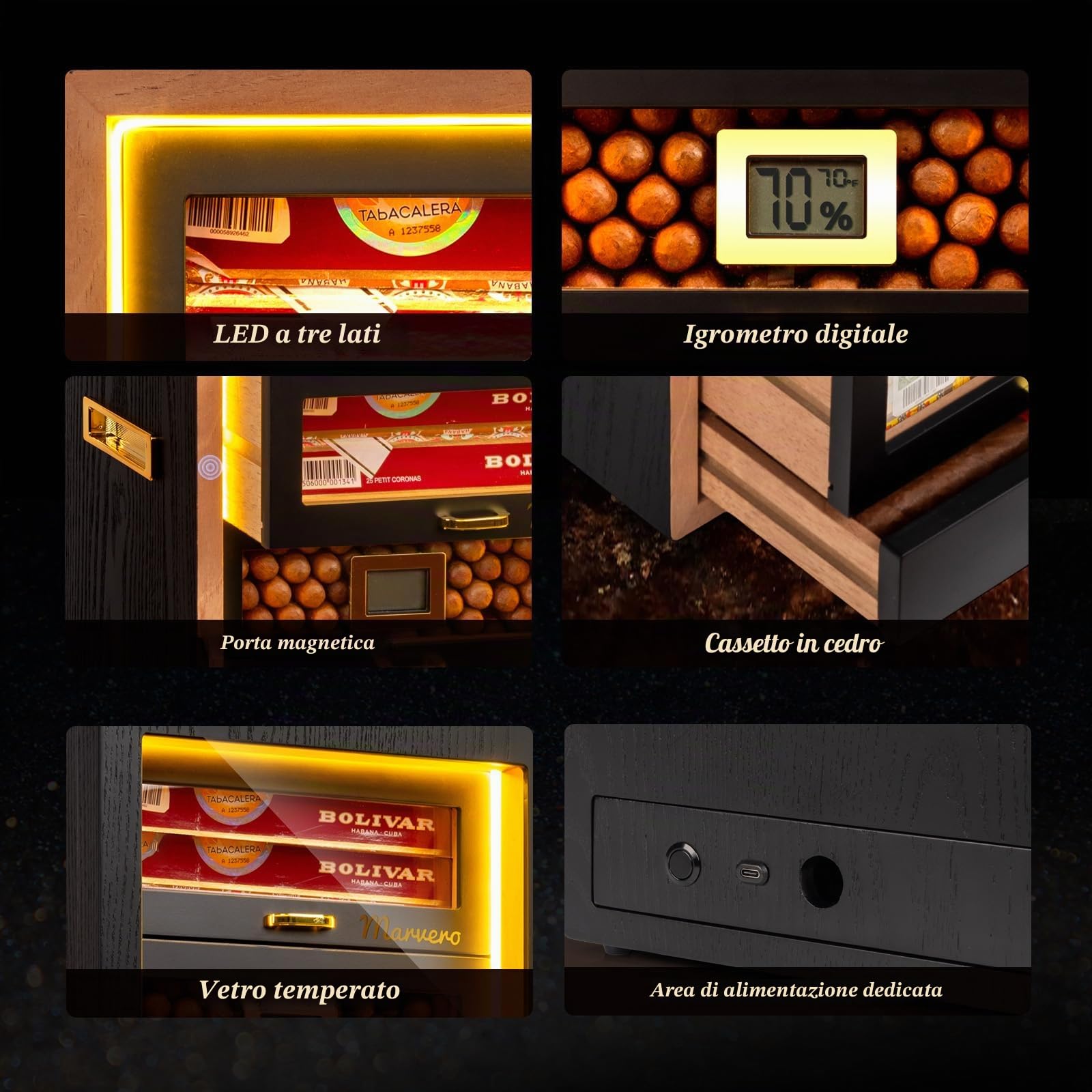 Umidificatore per sigari per 200 Sigari, 5 Cassetti in Cedro, Nero | Illuminazione a LED su tre lati, 4 umidificatori e 2 pacchetti di umidificazione con alimentazione tramite USB-C o batteria.