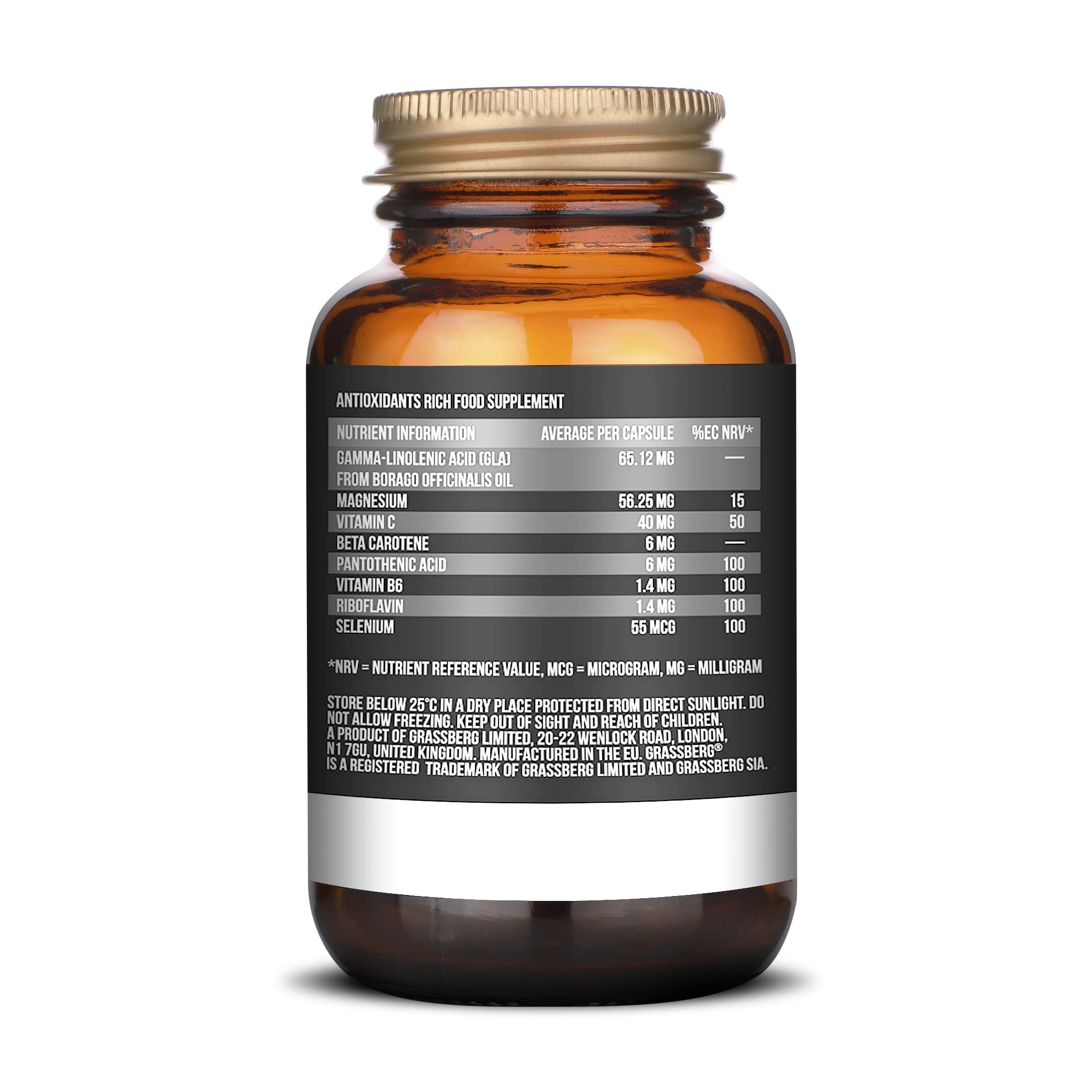 GRASSBERG Antioxidant Defence Supplements with Gamma Linolenic Acid, Vitamin A, B2, B5, B6, C, Magnesium and Selenium - 60 Capsules